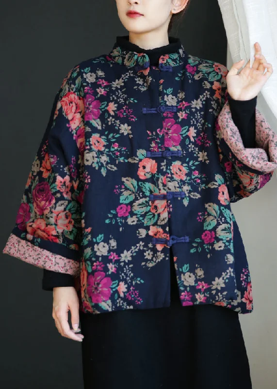 Embroidered women's cotton coats in a bohemian pattern for a unique designNavy Oversized Fine Cotton Filled Coats Pockets Print Winter Embroidered women's cotton coats in a bohemian pattern for a unique designNavy Oversized Fine Cotton Filled Coats Pockets Print Winter