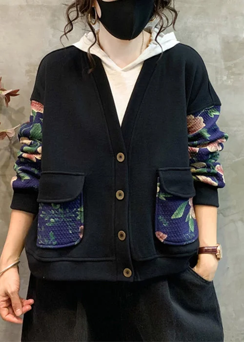 Shearling - lined women's leather coats for ultimate warmth and luxuryNavy Print Patchwork Warm Fleece Coat V Neck Long Sleeve Shearling - lined women's leather coats for ultimate warmth and luxuryNavy Print Patchwork Warm Fleece Coat V Neck Long Sleeve