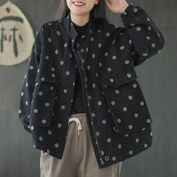 Quilted down women's coats with removable hoods for outdoor activitiesNew All-match Retro Polka Dot Zipper Long Sleeve Coats Loose Coat Quilted down women's coats with removable hoods for outdoor activitiesNew All-match Retro Polka Dot Zipper Long Sleeve Coats Loose Coat
