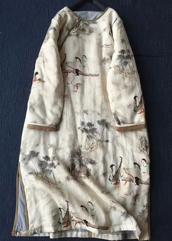 Long women's mac coats in a lightweight fabric for spring showersNew Apricot Print Side Open Cotton Filled Coat Long Sleeve Long women's mac coats in a lightweight fabric for spring showersNew Apricot Print Side Open Cotton Filled Coat Long Sleeve