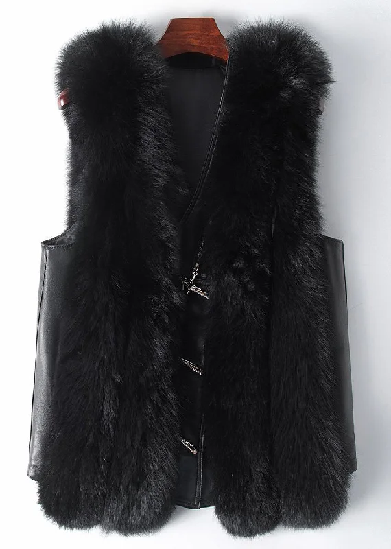 Mid - length women's down coats in a slim fit for a modern and sleek appearanceNew Black Button Patchwork Leather And Fur Waistcoat Sleeveless Mid - length women's down coats in a slim fit for a modern and sleek appearanceNew Black Button Patchwork Leather And Fur Waistcoat Sleeveless
