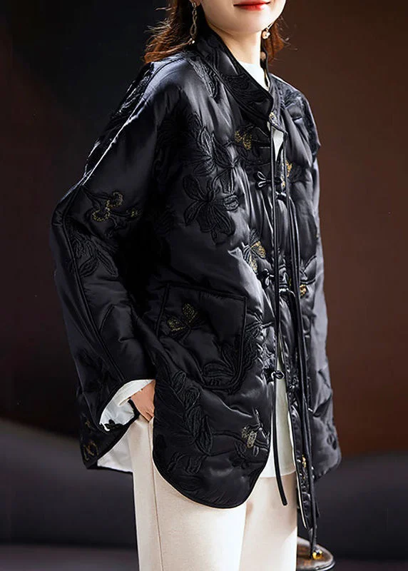 Women's long - sleeve wool coats in a houndstooth pattern for a classic charmNew Black Chinese Button Embroideried Cotton Filled Coat Spring Women's long - sleeve wool coats in a houndstooth pattern for a classic charmNew Black Chinese Button Embroideried Cotton Filled Coat Spring