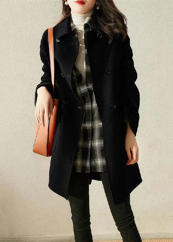 Women's long - sleeve wool coats in a houndstooth pattern for a classic charmNew Black Double Breast Pockets Patchwork Woolen Coat Fall Women's long - sleeve wool coats in a houndstooth pattern for a classic charmNew Black Double Breast Pockets Patchwork Woolen Coat Fall