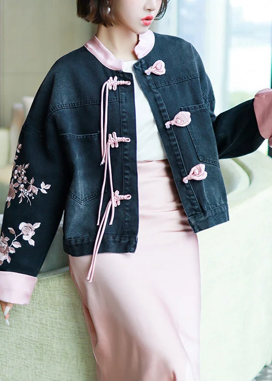 Embroidered women's cotton coats in a bohemian pattern for a unique designNew Black Embroidered Chinese Button Denim Coat Spring Embroidered women's cotton coats in a bohemian pattern for a unique designNew Black Embroidered Chinese Button Denim Coat Spring