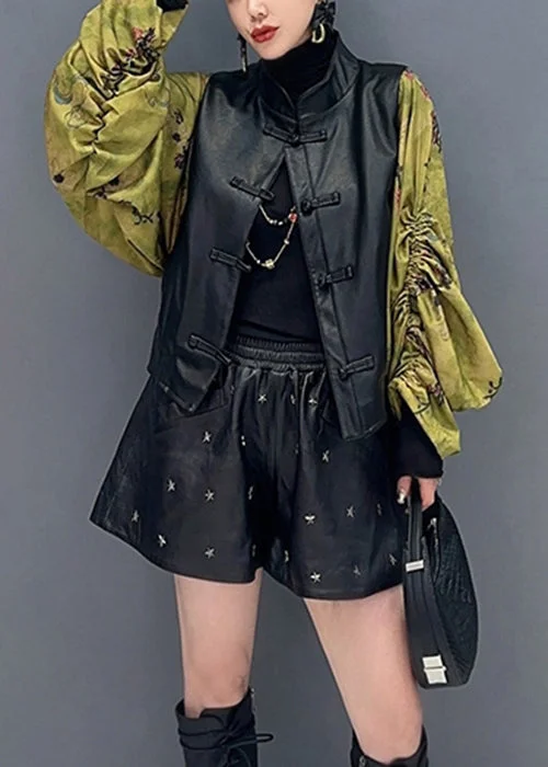 Women's pea coats with brass buttons for a nautical - inspired styleNew Black Print Wrinkled Faux Leather Patchwork Coat Fall Women's pea coats with brass buttons for a nautical - inspired styleNew Black Print Wrinkled Faux Leather Patchwork Coat Fall