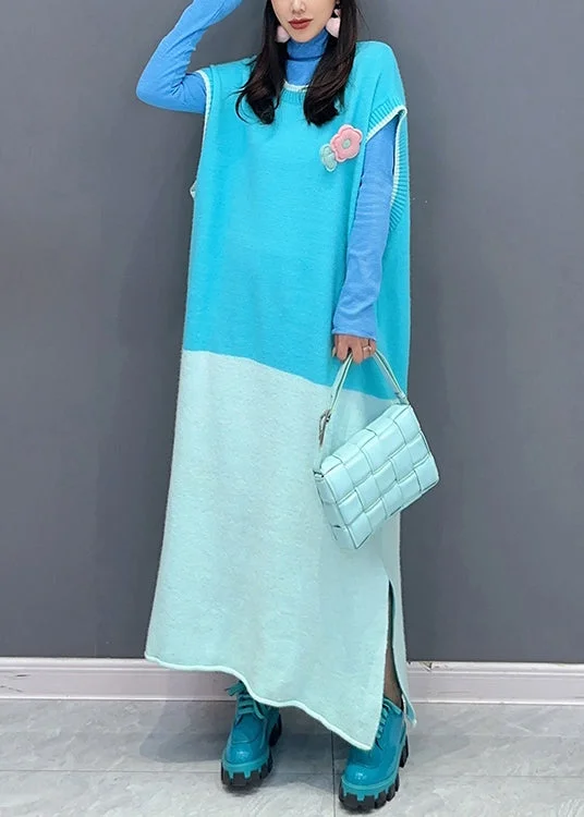 Embroidered women's cotton coats in a bohemian pattern for a unique designNew Blue O Neck Side Open Patchwork Knit Waistcoat Dresses Sleeveless Embroidered women's cotton coats in a bohemian pattern for a unique designNew Blue O Neck Side Open Patchwork Knit Waistcoat Dresses Sleeveless