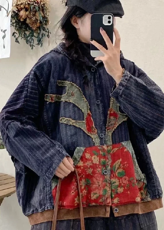 Quilted down women's coats with removable hoods for outdoor activitiesNew Blue Pockets Print Patchwork Denim Hooded Coat Fall Quilted down women's coats with removable hoods for outdoor activitiesNew Blue Pockets Print Patchwork Denim Hooded Coat Fall