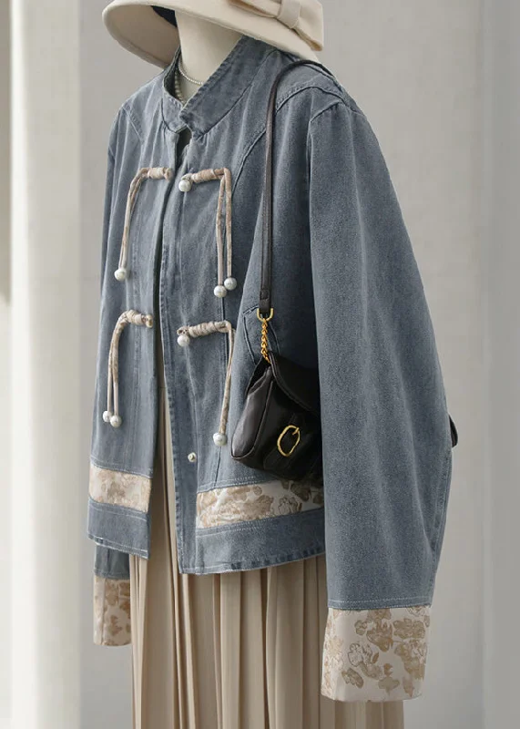 Women's pea coats with brass buttons for a nautical - inspired styleNew Blue Stand Collar Button Patchwork Denim Coats Long Sleeve Women's pea coats with brass buttons for a nautical - inspired styleNew Blue Stand Collar Button Patchwork Denim Coats Long Sleeve