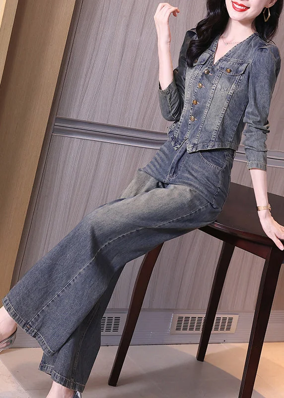 Petite women's wool blend coats with a tailored fit for a flattering silhouetteNew Blue V Neck Coat And Wide Leg Pants Denim Two Piece Set Spring Petite women's wool blend coats with a tailored fit for a flattering silhouetteNew Blue V Neck Coat And Wide Leg Pants Denim Two Piece Set Spring