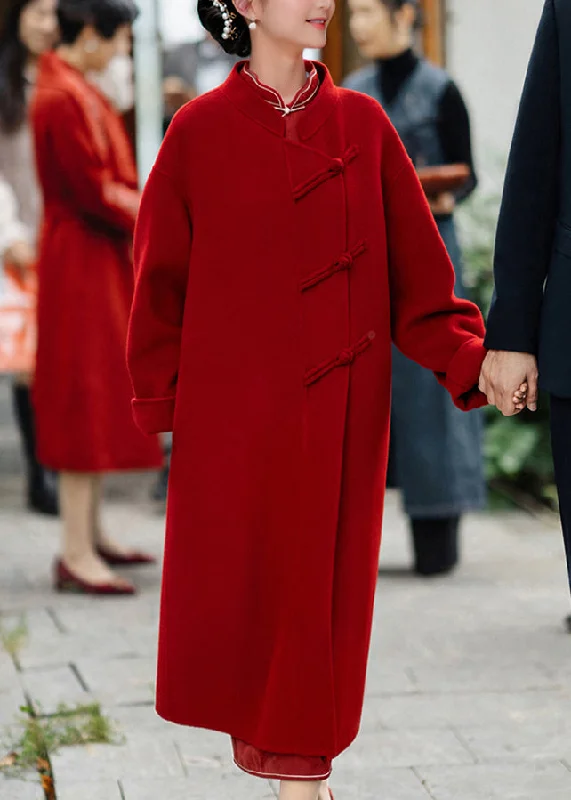 Women's cropped leather coats with silver studs for an edgy lookNew Chinese Style Red Stand Collar Oriental Button Woolen Coat Autumn Women's cropped leather coats with silver studs for an edgy lookNew Chinese Style Red Stand Collar Oriental Button Woolen Coat Autumn
