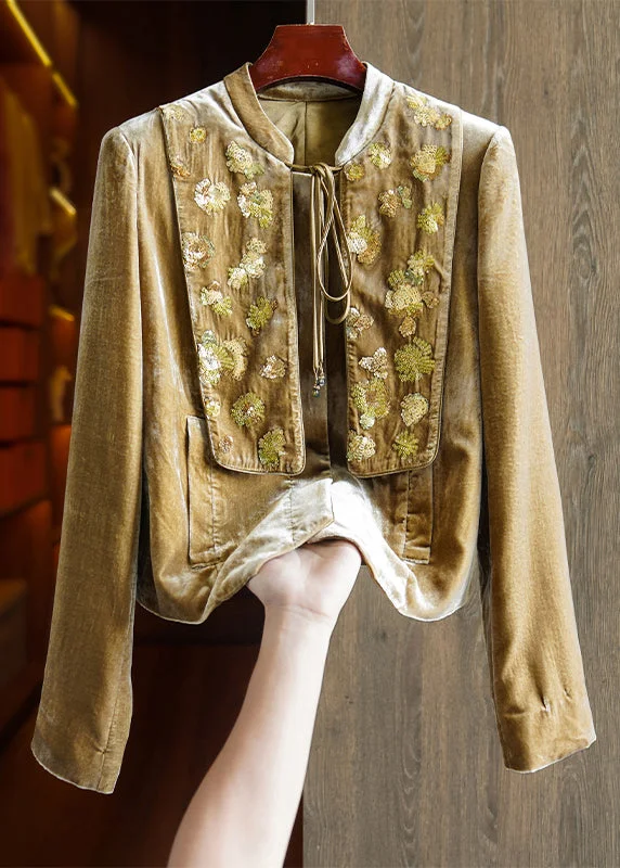 Petite women's wool blend coats with a tailored fit for a flattering silhouetteNew Dark Yellow Sequins Lace Up Patchwork Silk Velour Coats Fall Petite women's wool blend coats with a tailored fit for a flattering silhouetteNew Dark Yellow Sequins Lace Up Patchwork Silk Velour Coats Fall