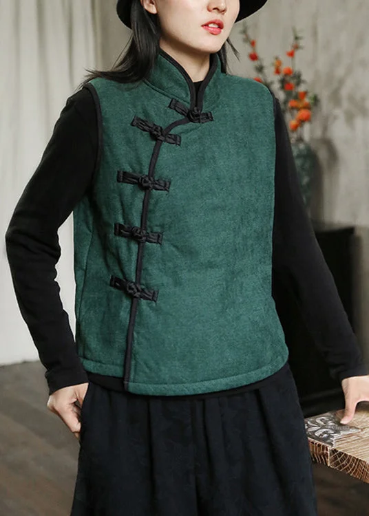 Women's reversible down coats with two - tone designs for versatile stylingNew Green Stand Collar Button Warm Fleece Waistcoat Sleeveless