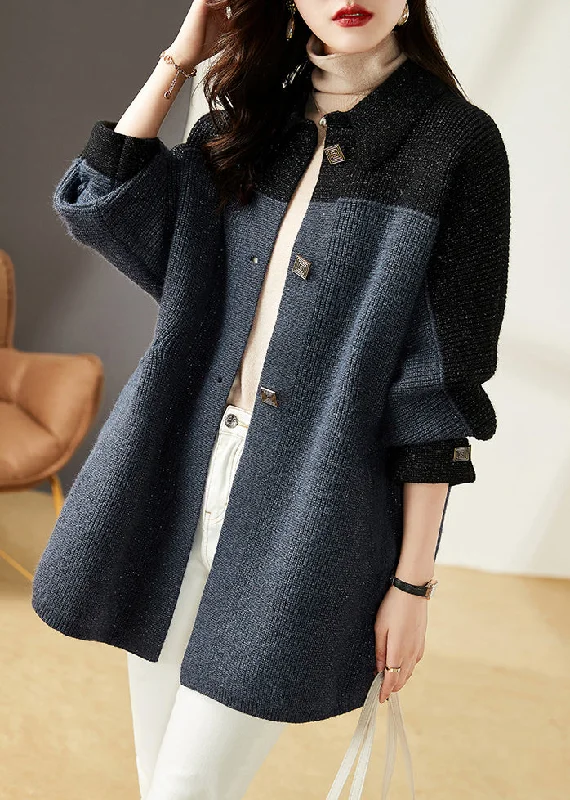 Water - resistant women's trench coats with adjustable cuffs for rainy daysNew Grey Blue Button Pockets Patchwork Knit Coats Long Sleeve Water - resistant women's trench coats with adjustable cuffs for rainy daysNew Grey Blue Button Pockets Patchwork Knit Coats Long Sleeve