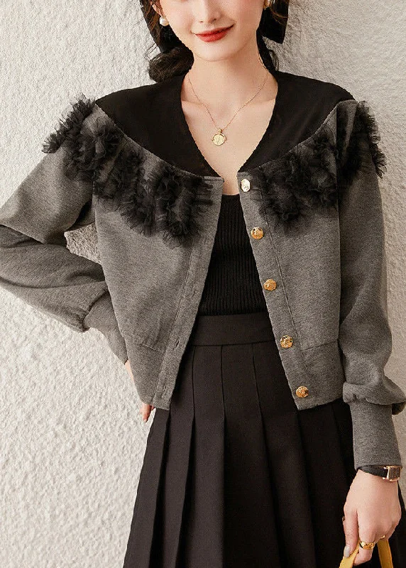 Quilted down women's coats with removable hoods for outdoor activitiesNew Grey Button Tulle Patchwork Cotton Coat Spring Quilted down women's coats with removable hoods for outdoor activitiesNew Grey Button Tulle Patchwork Cotton Coat Spring