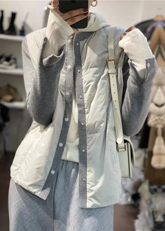 Women's knee - length wool blend coats with a fur collar for added warmthNew Grey O Neck Button Duck Down Patchwork Coats Winter Women's knee - length wool blend coats with a fur collar for added warmthNew Grey O Neck Button Duck Down Patchwork Coats Winter