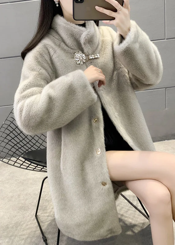 Oversized women's wool coats in a monochromatic look for a trendy outfitNew Grey Stand Button Collar Patchwork Fuzzy Fur Fluffy Coats Winter