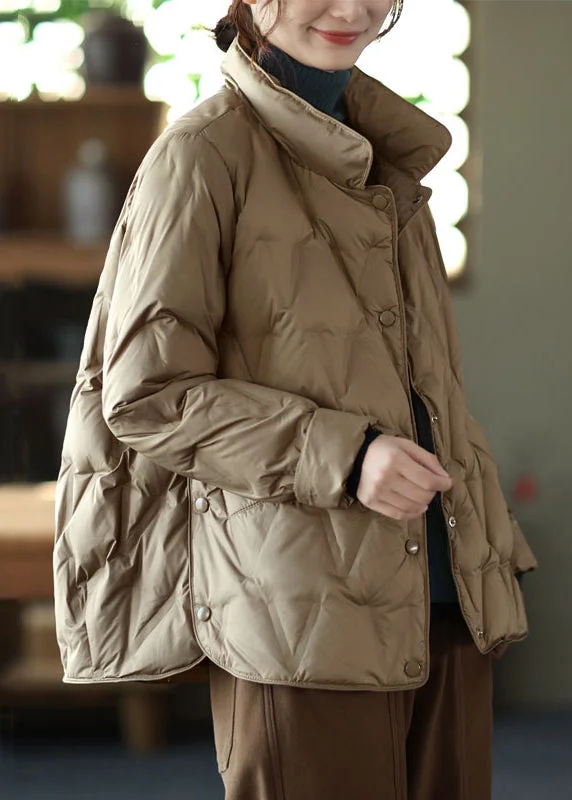Women's pea coats with brass buttons for a nautical - inspired styleNew Khaki Stand Collar Button Pockets Duck Down Coat Long Sleeve Women's pea coats with brass buttons for a nautical - inspired styleNew Khaki Stand Collar Button Pockets Duck Down Coat Long Sleeve