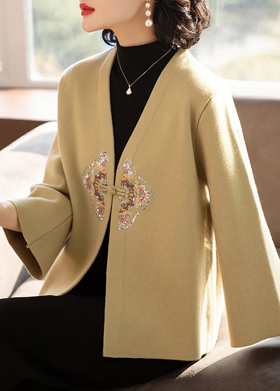 Petite women's wool blend coats with a tailored fit for a flattering silhouetteNew Khaki V Neck Embroideried Patchwork Wool Coats Fall Petite women's wool blend coats with a tailored fit for a flattering silhouetteNew Khaki V Neck Embroideried Patchwork Wool Coats Fall