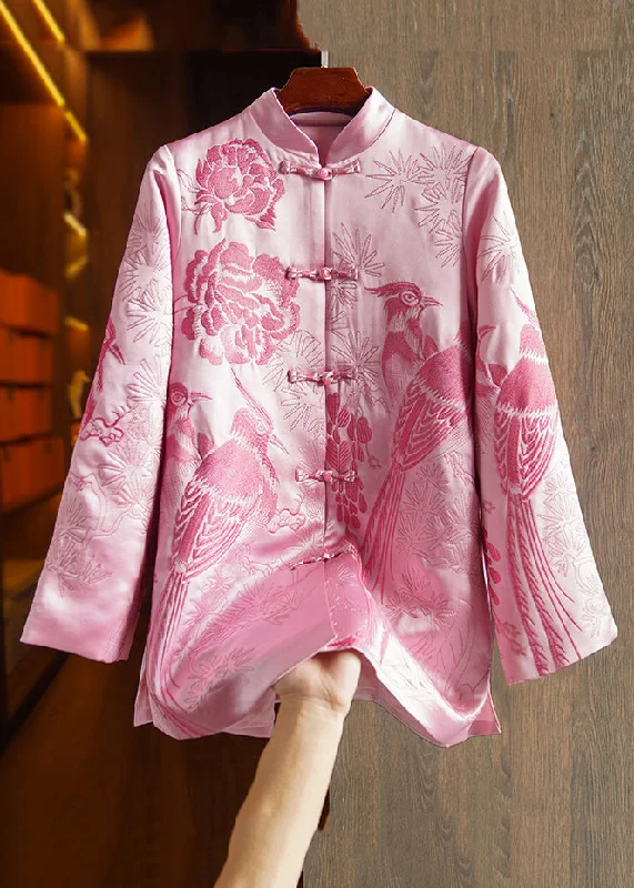 Long women's mac coats in a lightweight fabric for spring showersNew Pink Embroideried Button Patchwork Silk Coats Fall Long women's mac coats in a lightweight fabric for spring showersNew Pink Embroideried Button Patchwork Silk Coats Fall