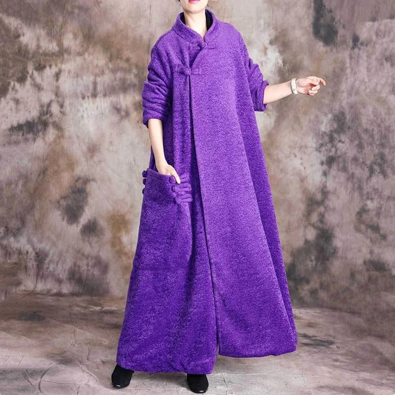 Women's knee - length wool blend coats with a fur collar for added warmthNew purple wool coat casual Winter coat thick woolen outwear Chinese Button Women's knee - length wool blend coats with a fur collar for added warmthNew purple wool coat casual Winter coat thick woolen outwear Chinese Button