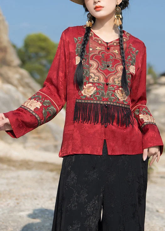 Petite women's wool blend coats with a tailored fit for a flattering silhouetteNew Red Embroidered Tasseled Silk Coat Long Sleeve Petite women's wool blend coats with a tailored fit for a flattering silhouetteNew Red Embroidered Tasseled Silk Coat Long Sleeve