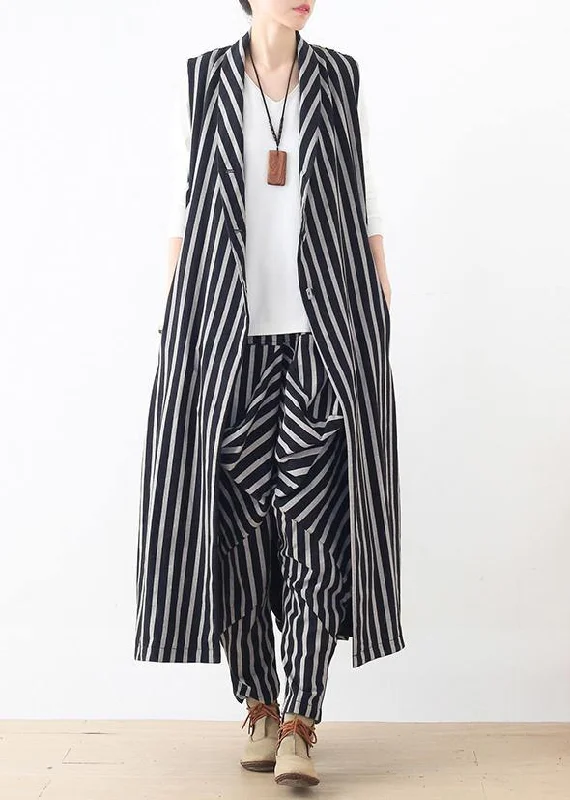 Plus size women's wool blend coats for a warm and stylish winterNew style beige loose casual mid-length striped waistcoat elastic waist slim breeches suit Plus size women's wool blend coats for a warm and stylish winterNew style beige loose casual mid-length striped waistcoat elastic waist slim breeches suit