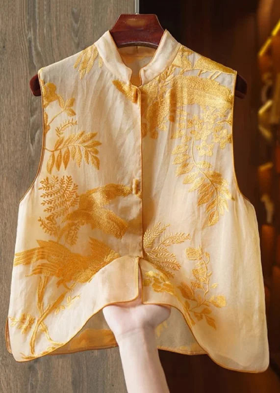 Women's longline double - breasted camel coats for a sophisticated lookNew Yellow Embroidered Button Tulle Waistcoat Sleeveless Women's longline double - breasted camel coats for a sophisticated lookNew Yellow Embroidered Button Tulle Waistcoat Sleeveless