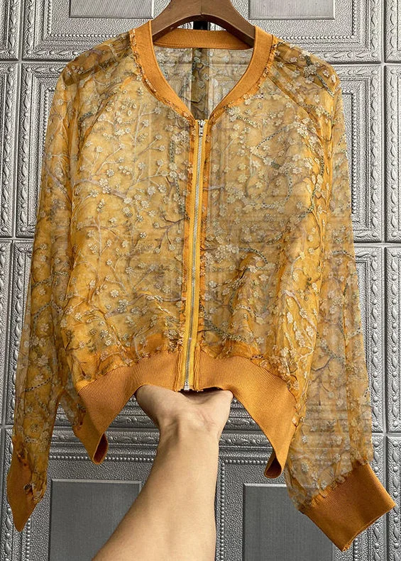 Women's pea coats with brass buttons for a nautical - inspired styleNew Yellow Embroideried Zippered Patchwork Silk Thin Coats Long Sleeve Women's pea coats with brass buttons for a nautical - inspired styleNew Yellow Embroideried Zippered Patchwork Silk Thin Coats Long Sleeve
