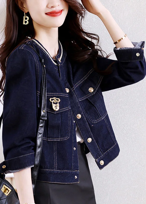 Women's long - sleeve wool coats in a houndstooth pattern for a classic charmNovelty Dark Blue Patchwork Button Denim Coats Fall Women's long - sleeve wool coats in a houndstooth pattern for a classic charmNovelty Dark Blue Patchwork Button Denim Coats Fall
