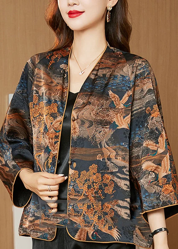 Quilted down women's coats with removable hoods for outdoor activitiesNovelty V Neck Print Button Silk Coats Spring Quilted down women's coats with removable hoods for outdoor activitiesNovelty V Neck Print Button Silk Coats Spring