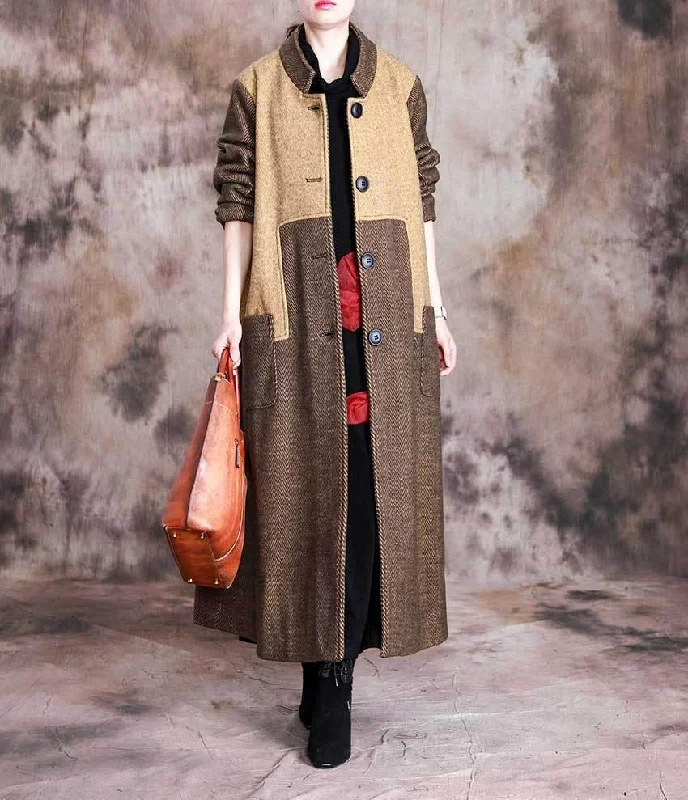 Women's long - sleeve wool coats in a houndstooth pattern for a classic charmOmychic Winter Fashion Stand Collar Patchwork Long Coat Ladies Women's long - sleeve wool coats in a houndstooth pattern for a classic charmOmychic Winter Fashion Stand Collar Patchwork Long Coat Ladies