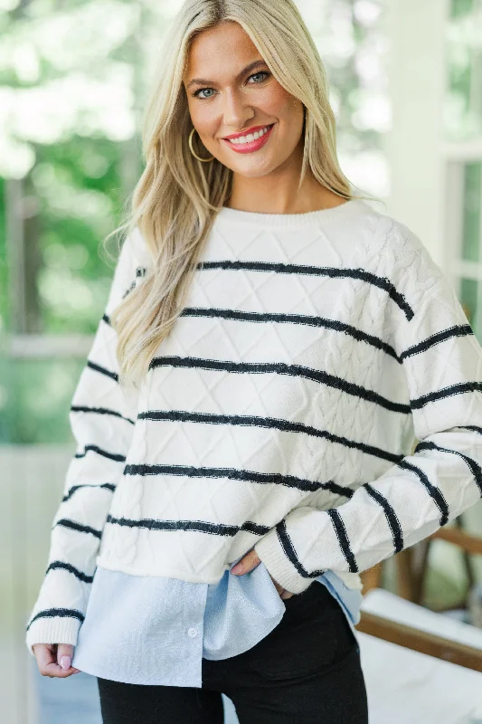 Sleeveless Women's Silk - Trimmed Sweaters for SummerOpen Your Eyes Ivory Striped Sweater Sleeveless Women's Silk - Trimmed Sweaters for SummerOpen Your Eyes Ivory Striped Sweater