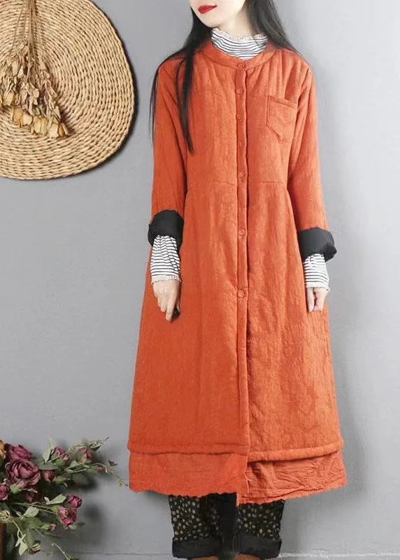 Embroidered women's cotton coats in a bohemian pattern for a unique designOrange Patchwork Fine Cotton Filled Winter Coats Button Lace Embroidered women's cotton coats in a bohemian pattern for a unique designOrange Patchwork Fine Cotton Filled Winter Coats Button Lace