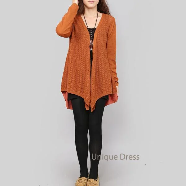 Long women's mac coats in a lightweight fabric for spring showersOrange women spring knit coat outwear Long women's mac coats in a lightweight fabric for spring showersOrange women spring knit coat outwear