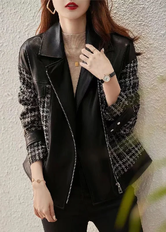 Women's longline double - breasted camel coats for a sophisticated lookOrganic Black Peter Pan Collar Zippered Patchwork Faux Leather Coats Fall Women's longline double - breasted camel coats for a sophisticated lookOrganic Black Peter Pan Collar Zippered Patchwork Faux Leather Coats Fall