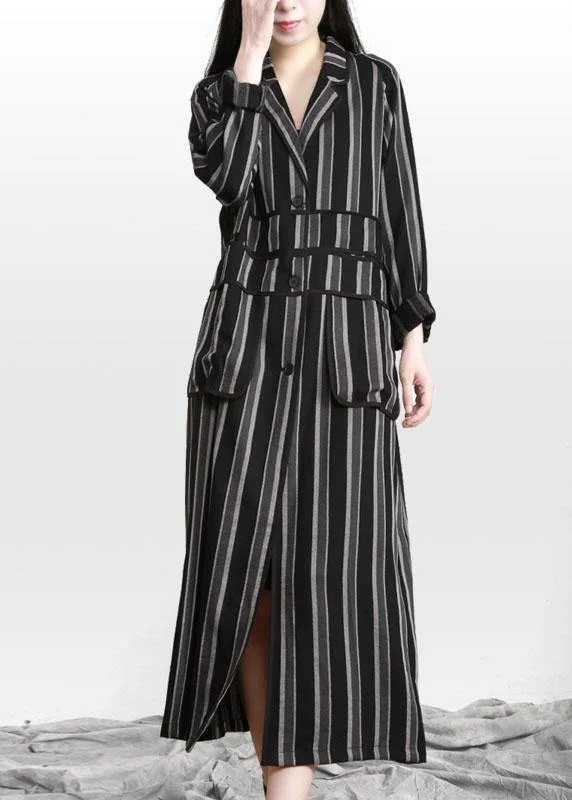 Long women's mac coats in a lightweight fabric for spring showersOrganic Black Striped Button Peter Pan Collar Fall Long Coat Long women's mac coats in a lightweight fabric for spring showersOrganic Black Striped Button Peter Pan Collar Fall Long Coat