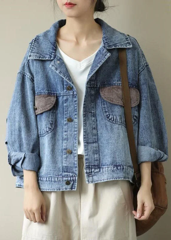 Women's cropped leather coats with silver studs for an edgy lookOrganic Blue Peter Pan Collar Pockets denim Coats Spring Women's cropped leather coats with silver studs for an edgy lookOrganic Blue Peter Pan Collar Pockets denim Coats Spring