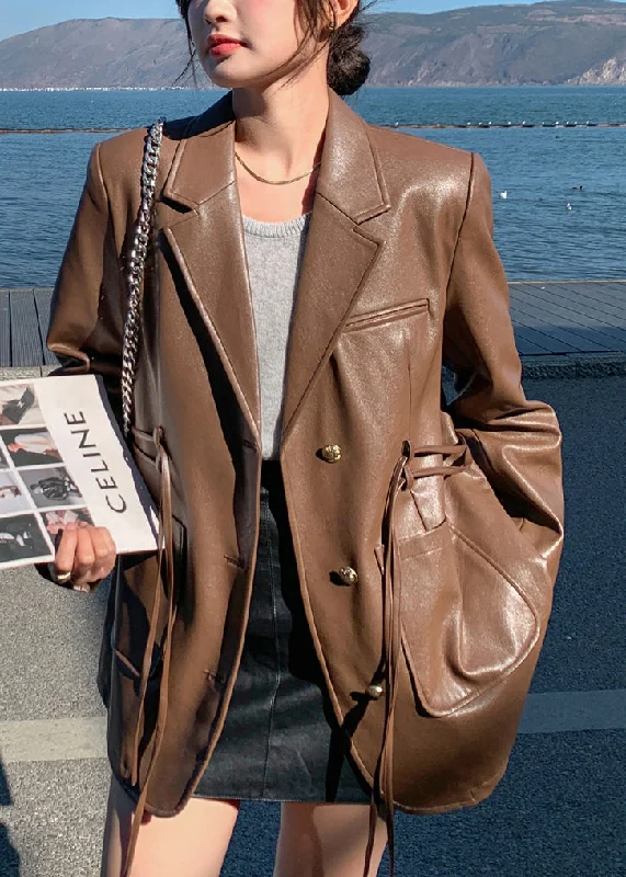 Shearling - lined women's leather coats for ultimate warmth and luxuryOrganic Coffee Pockets Button Patchwork Faux Leather Jacket Fall Shearling - lined women's leather coats for ultimate warmth and luxuryOrganic Coffee Pockets Button Patchwork Faux Leather Jacket Fall