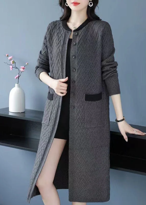 Women's long - sleeve wool coats in a houndstooth pattern for a classic charmOrganic Grey O Neck Pockets Button Patchwork Wool Coat Fall Women's long - sleeve wool coats in a houndstooth pattern for a classic charmOrganic Grey O Neck Pockets Button Patchwork Wool Coat Fall
