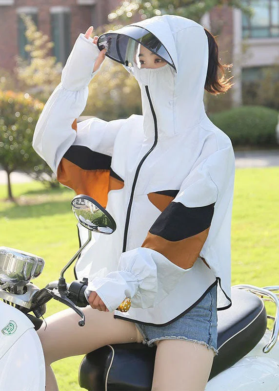 Mid - length women's down coats in a slim fit for a modern and sleek appearanceOrganic White Hooded Patchwork Ice Silk UPF 50+ Jackets Summer Mid - length women's down coats in a slim fit for a modern and sleek appearanceOrganic White Hooded Patchwork Ice Silk UPF 50+ Jackets Summer