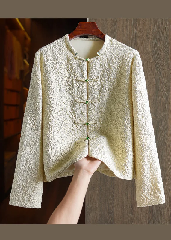 Long women's mac coats in a lightweight fabric for spring showersOriginal Design Beige Yellow Jacquard Button Patchwork Silk Coats Fall Long women's mac coats in a lightweight fabric for spring showersOriginal Design Beige Yellow Jacquard Button Patchwork Silk Coats Fall