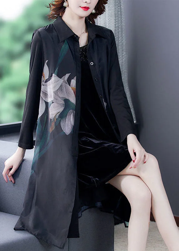 Women's knee - length wool blend coats with a fur collar for added warmthOriginal Design Black Peter Pan Collar Print Silk Shirt Coat Long Sleeve Women's knee - length wool blend coats with a fur collar for added warmthOriginal Design Black Peter Pan Collar Print Silk Shirt Coat Long Sleeve