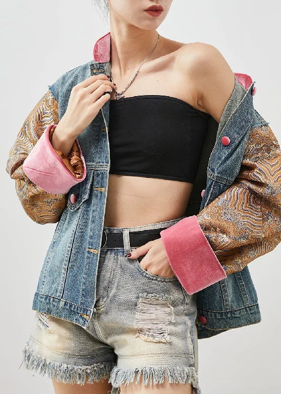 Embroidered women's cotton coats in a bohemian pattern for a unique designOriginal Design Blue Oversized Patchwork Denim Jacket Spring Embroidered women's cotton coats in a bohemian pattern for a unique designOriginal Design Blue Oversized Patchwork Denim Jacket Spring