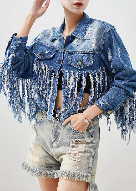 Quilted down women's coats with removable hoods for outdoor activitiesOriginal Design Blue Tasseled Cotton Ripped Coat Spring Quilted down women's coats with removable hoods for outdoor activitiesOriginal Design Blue Tasseled Cotton Ripped Coat Spring
