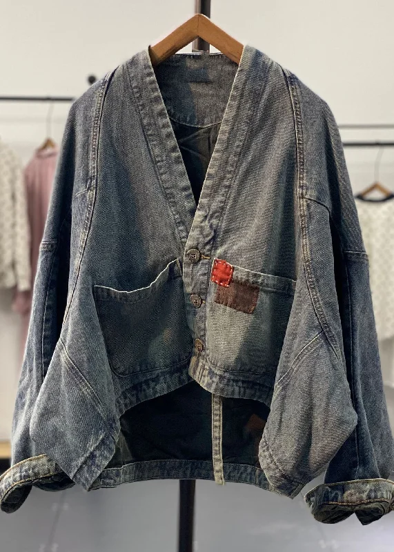 Mid - length women's down coats in a slim fit for a modern and sleek appearanceOriginal Retro Blue Asymmetrical Patch Bat Sleeve Denim Coats Mid - length women's down coats in a slim fit for a modern and sleek appearanceOriginal Retro Blue Asymmetrical Patch Bat Sleeve Denim Coats