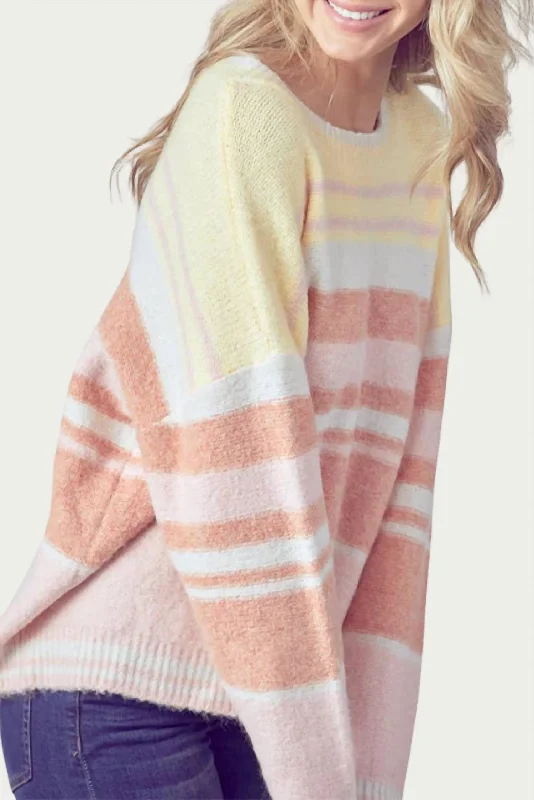 Knee - Length Women's Wool Blend Sweater Dresses in Neutral ColorsOversized Striped Ribbed-Knit Sweater In Yellow/terracotta/pink Knee - Length Women's Wool Blend Sweater Dresses in Neutral ColorsOversized Striped Ribbed-Knit Sweater In Yellow/terracotta/pink