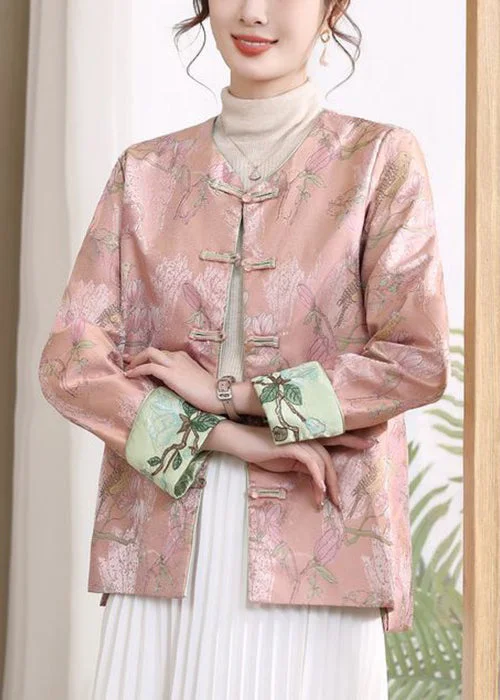 Women's longline double - breasted camel coats for a sophisticated lookPink Button Print Silk Coats V Neck Long Sleeve Women's longline double - breasted camel coats for a sophisticated lookPink Button Print Silk Coats V Neck Long Sleeve