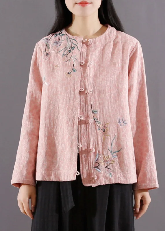 Water - resistant women's trench coats with adjustable cuffs for rainy daysPink Chinese Button Patchwork Cotton Coat Jacquard Long Sleeve Water - resistant women's trench coats with adjustable cuffs for rainy daysPink Chinese Button Patchwork Cotton Coat Jacquard Long Sleeve