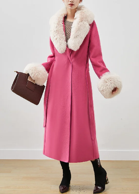 Women's faux fur coats in bright colors for a bold fashion statementPink Silm Fit Woolen Coat Outwear Fur Collar Tie Waist Fall Women's faux fur coats in bright colors for a bold fashion statementPink Silm Fit Woolen Coat Outwear Fur Collar Tie Waist Fall