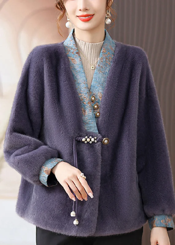 Women's pea coats with brass buttons for a nautical - inspired stylePurple Patchwork Mink Hair Coats V Neck Tasseled Button Fall Women's pea coats with brass buttons for a nautical - inspired stylePurple Patchwork Mink Hair Coats V Neck Tasseled Button Fall